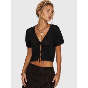 Animari Black Crochet Knit Short Sleeve Tie Front Cropped Cardigan M NWOT